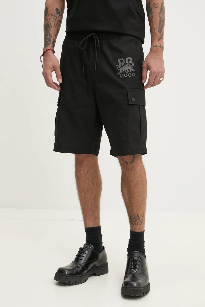 HUGO pantaloni scurti din bumbac x RACING BULLS barbati, culoarea negru, 50542795