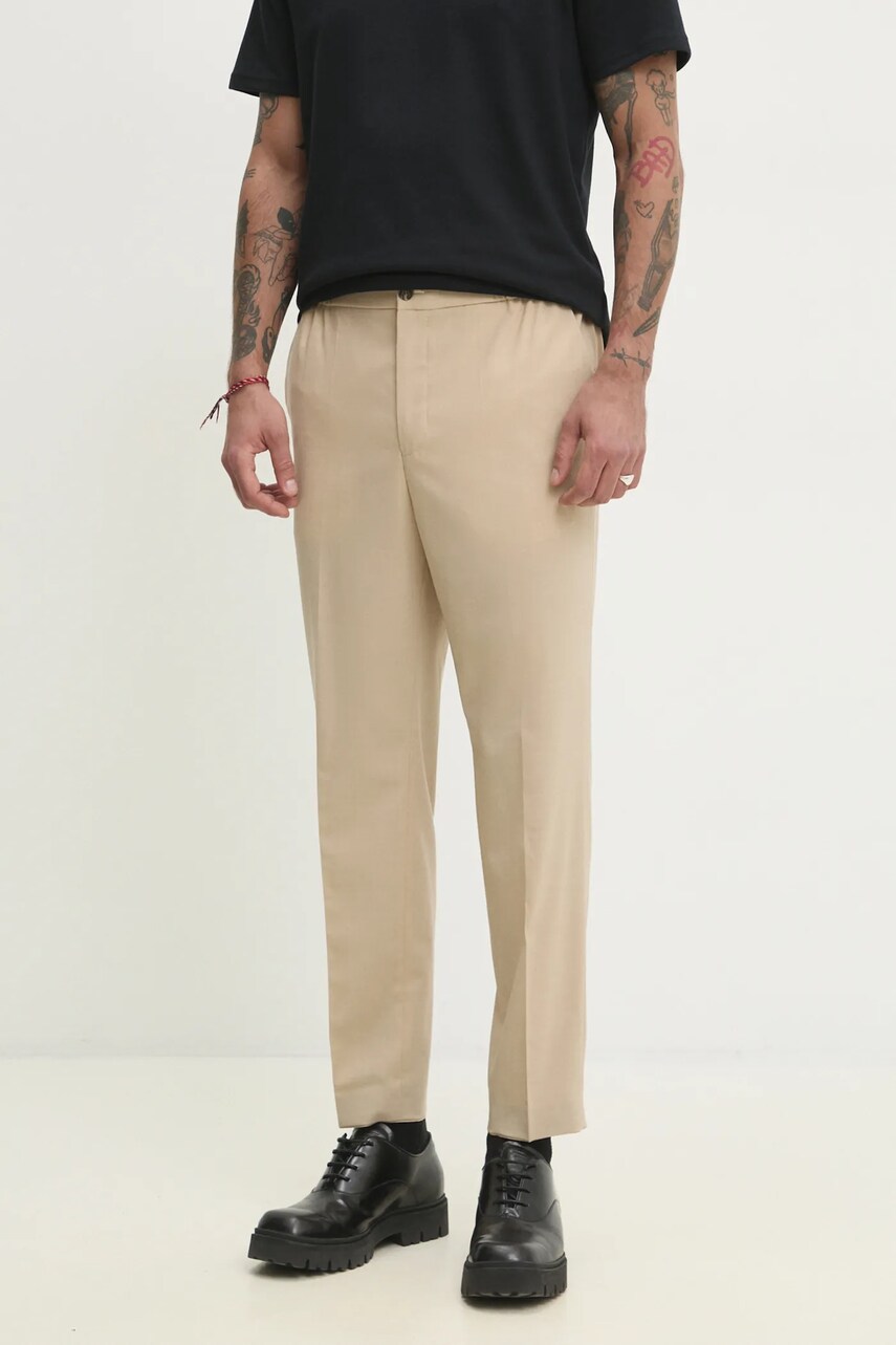 HUGO pantaloni din lana barbati, culoarea bej, cu fason chinos, 50538299