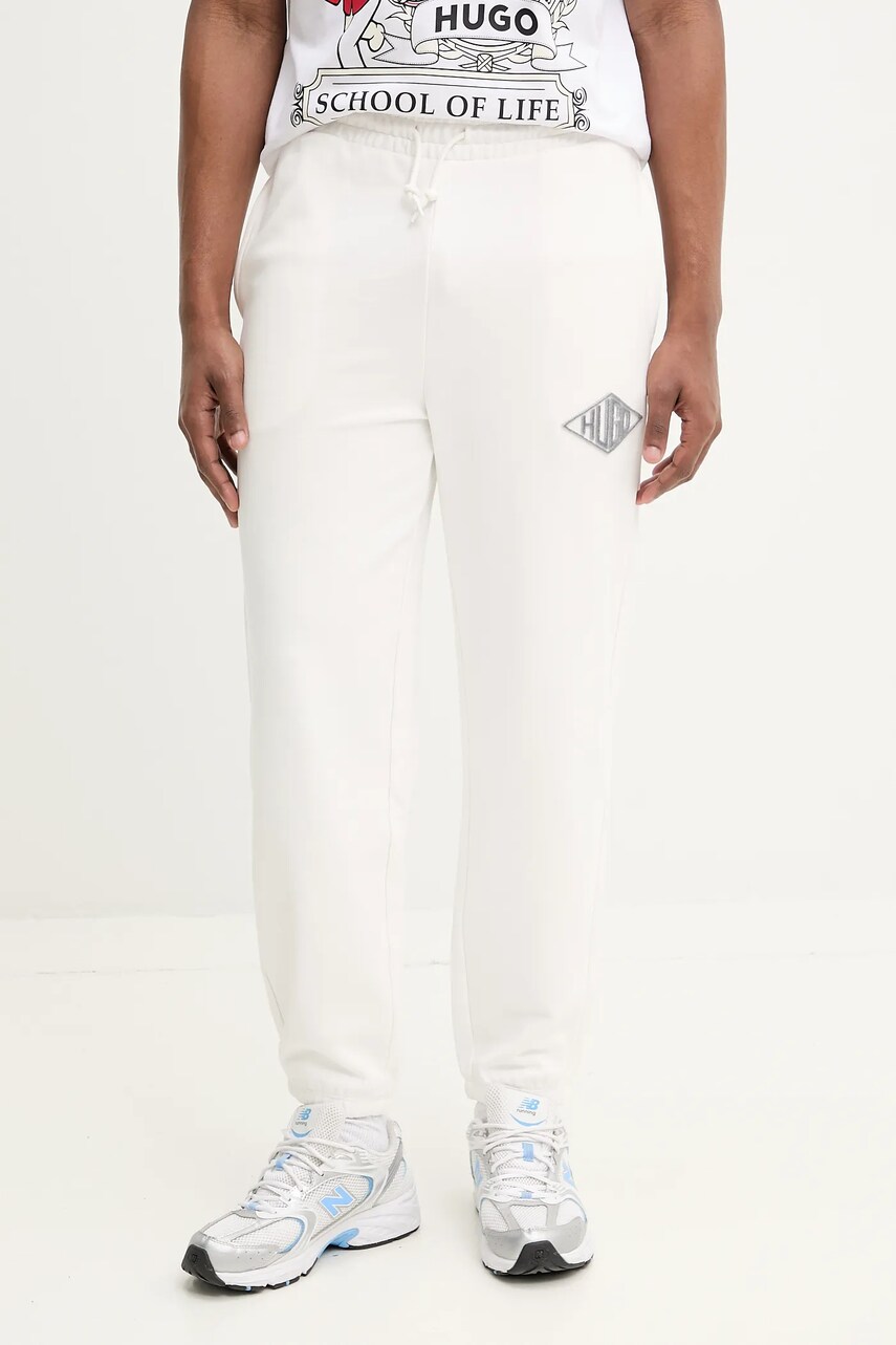 HUGO pantaloni de trening din bumbac barbati, culoarea alb, neted, 50534952