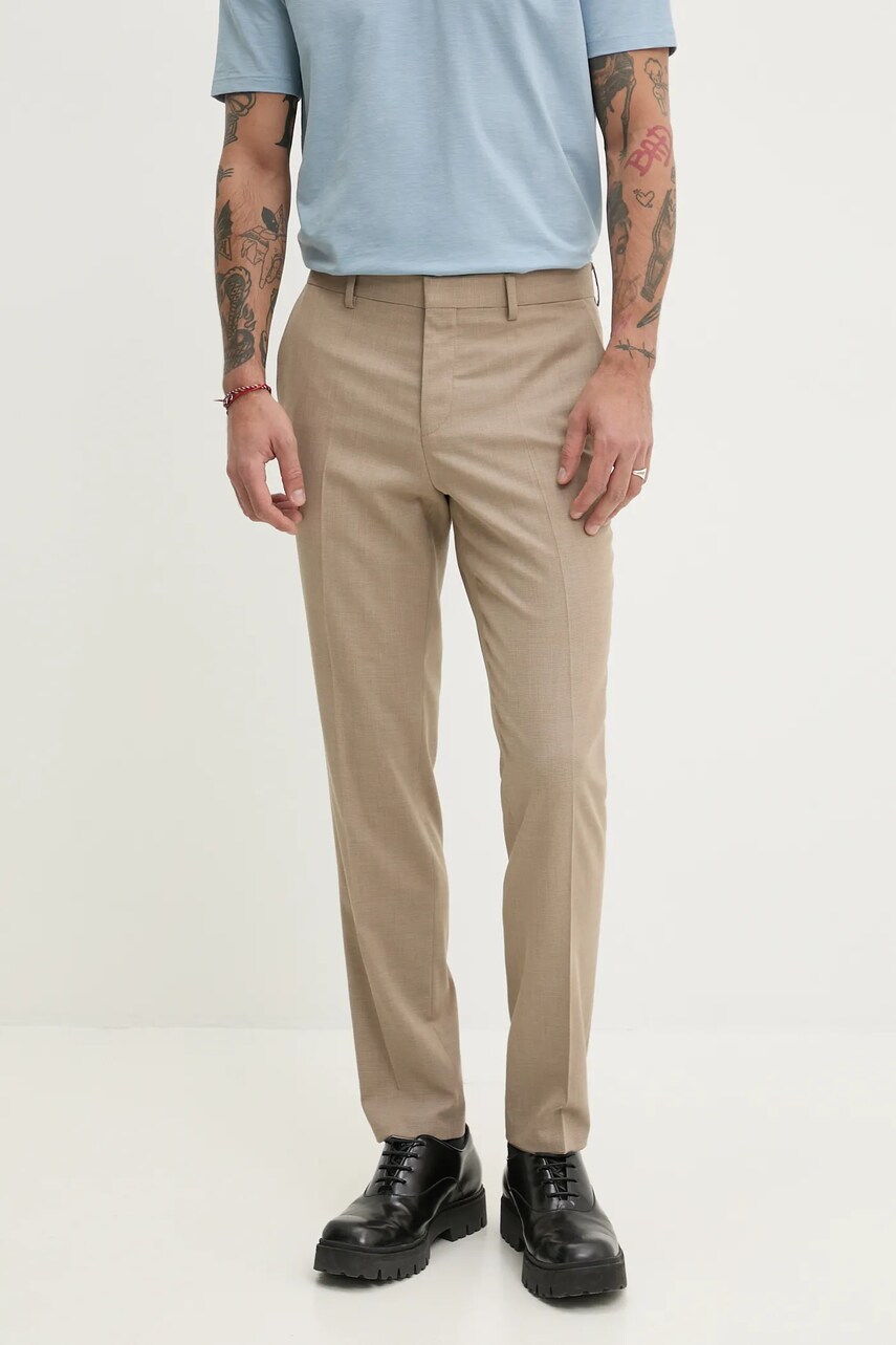 HUGO pantaloni din lana barbati, culoarea bej, mulata, 50538334