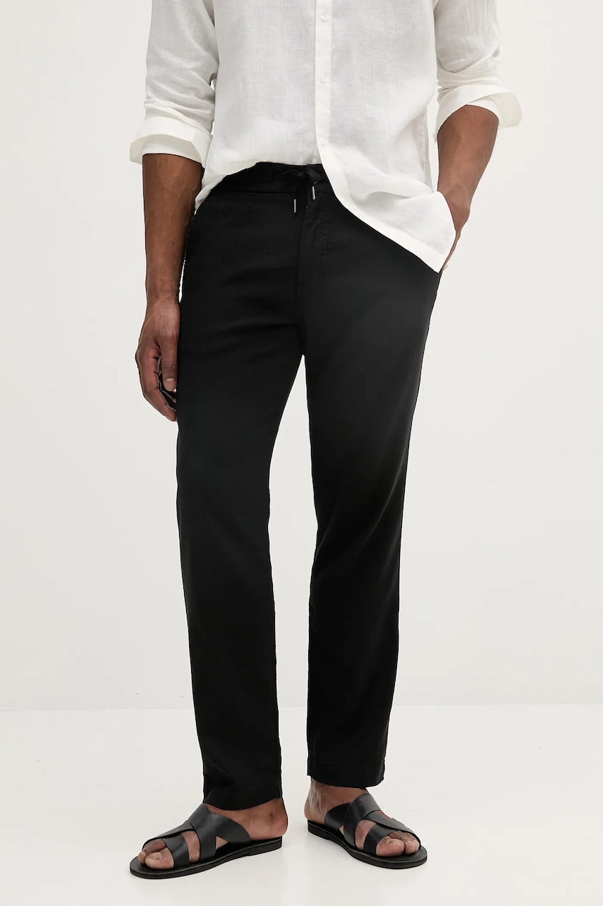 BOSS Orange pantaloni din in barbati, culoarea negru, drept, 50536881 BOSS Orange pantaloni din in barbati, culoarea negru, drept, 50536881