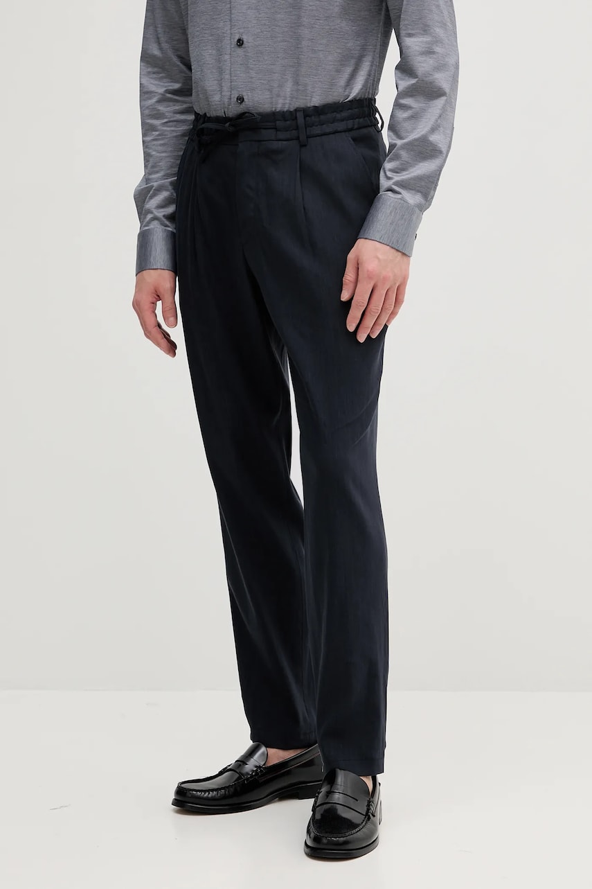 BOSS pantaloni din in bărbați, culoarea bleumarin, drept, 50540733 BOSS pantaloni din in bărbați, culoarea bleumarin, drept, 50540733