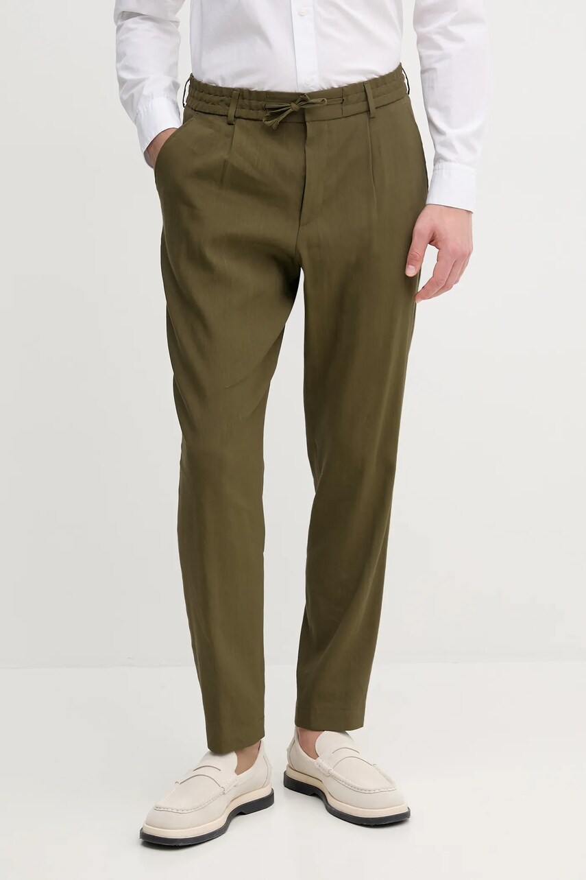 BOSS pantaloni din in bărbați, culoarea verde, drept, 50540733