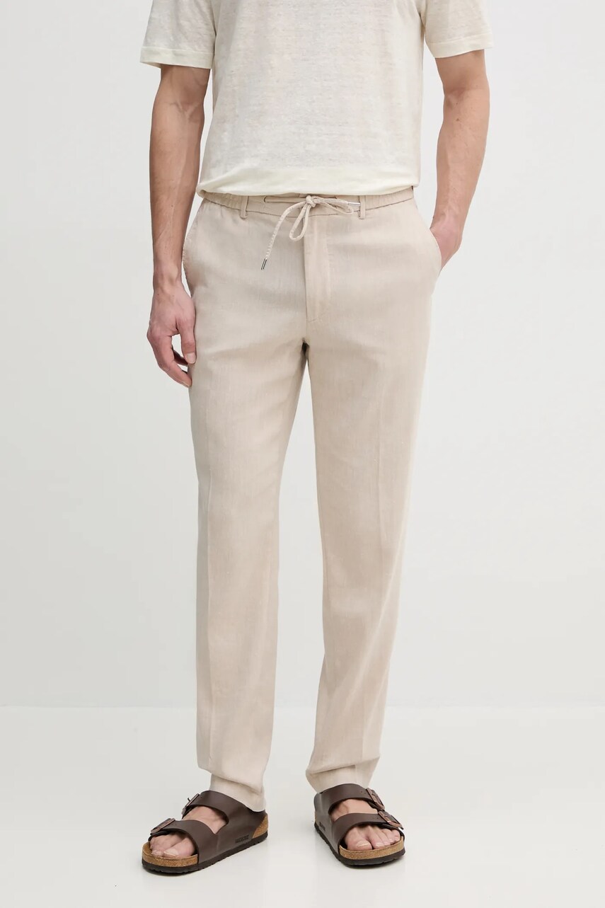 BOSS pantaloni din in barbati, culoarea bej, drept, 50540480