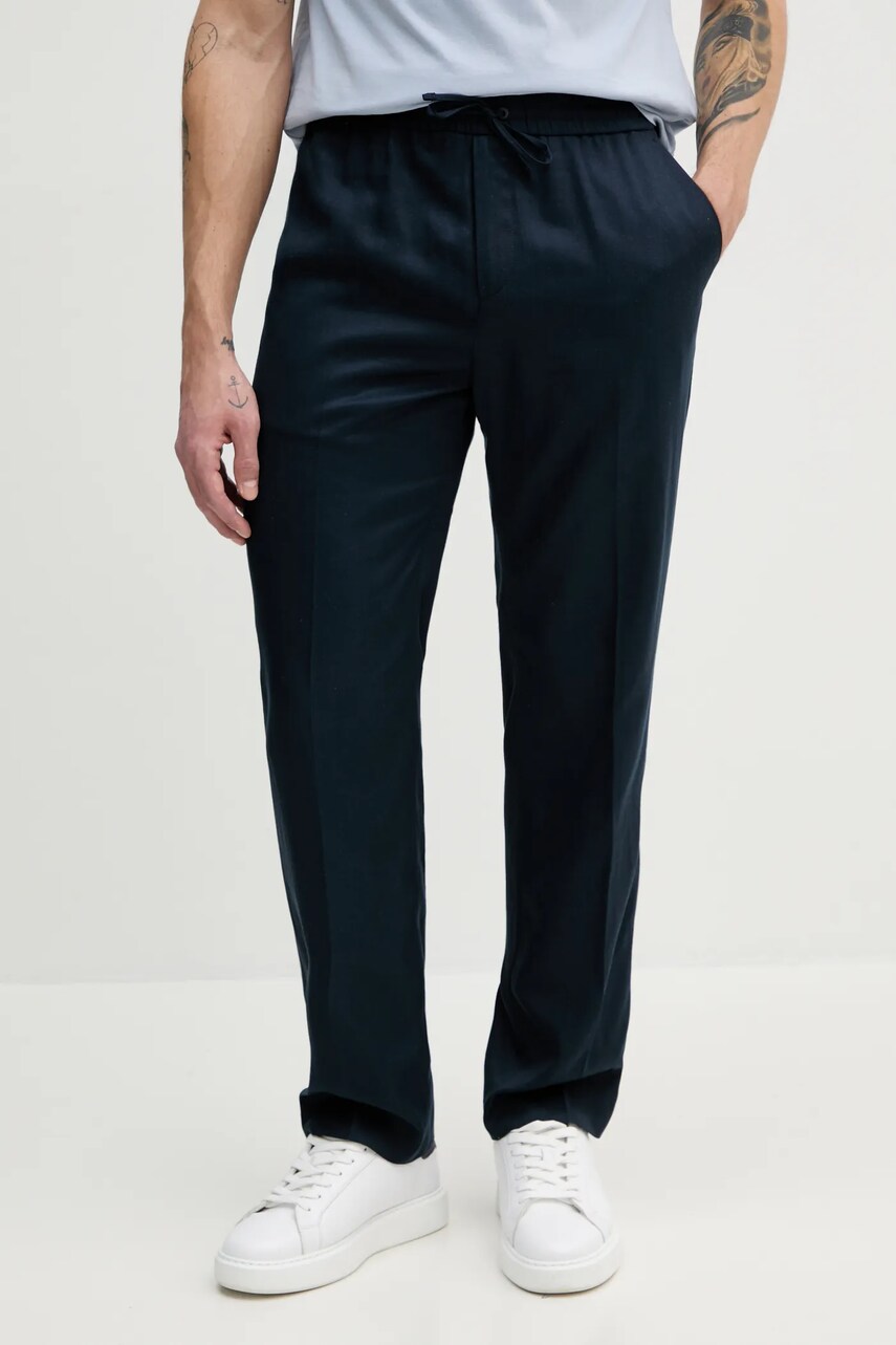Levně Kalhoty s příměsí lnu Calvin Klein tmavomodrá barva, K10K114403