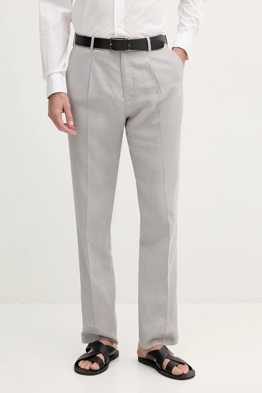 Levně Lněné kalhoty Calvin Klein pánské, šedá barva, přiléhavé, LV04LB448G