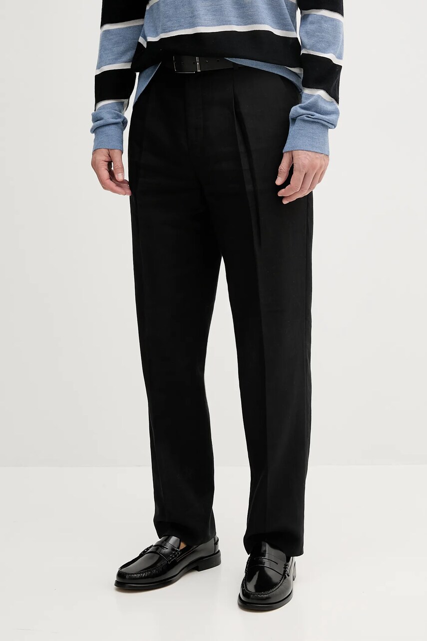 Levně Lněné kalhoty Calvin Klein pánské, černá barva, přiléhavé, LV04LB448G