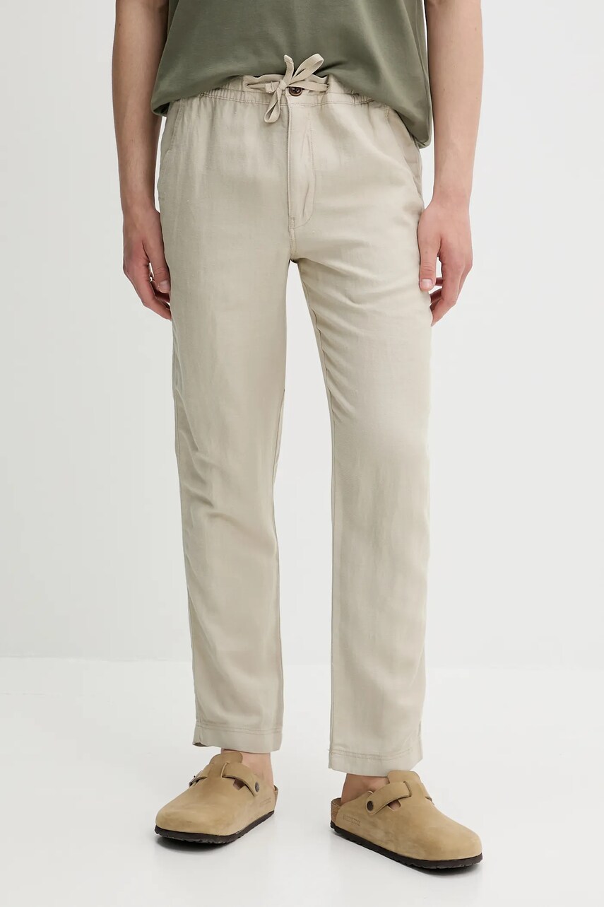 Levně Lněné kalhoty Superdry pánské, béžová barva, přiléhavé, M7011318A-S1F
