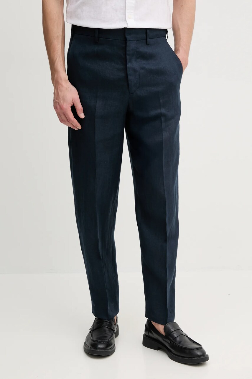 Levně Lněné kalhoty Tommy Hilfiger pánské, tmavomodrá barva, jednoduché, SQTHL5607.SQTH500