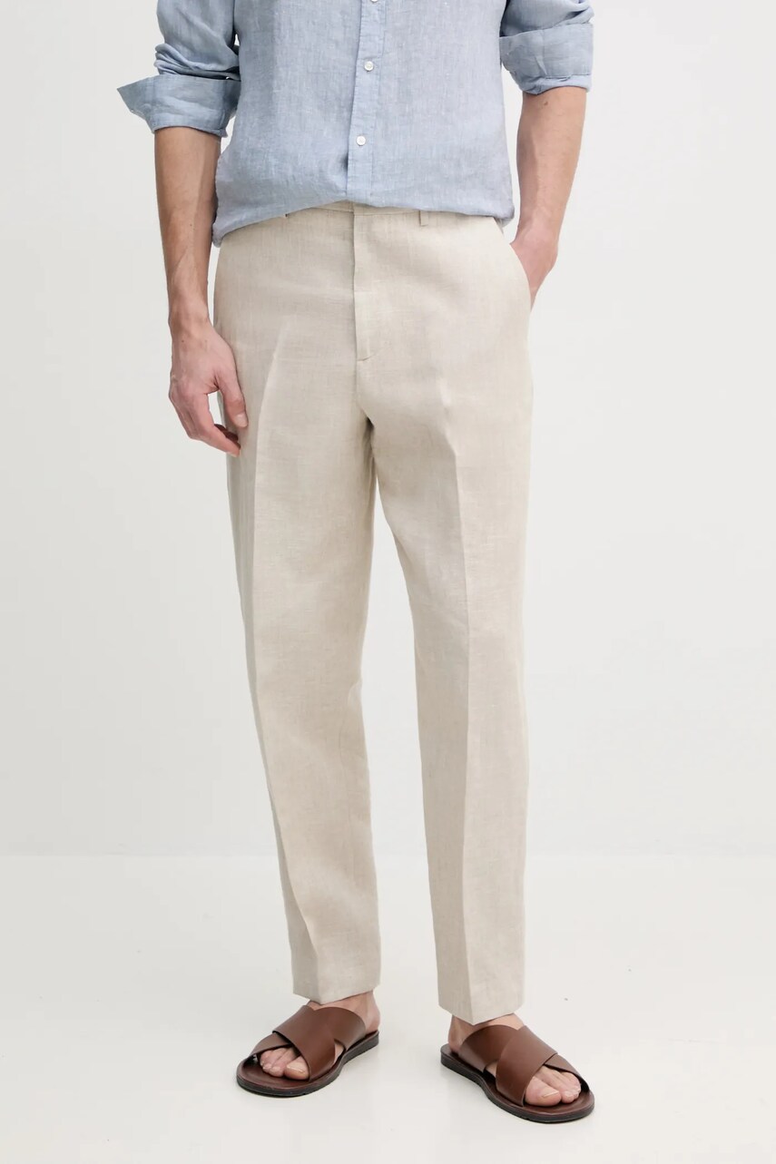 Levně Lněné kalhoty Tommy Hilfiger pánské, béžová barva, jednoduché, SQTHL5607.SQTH500