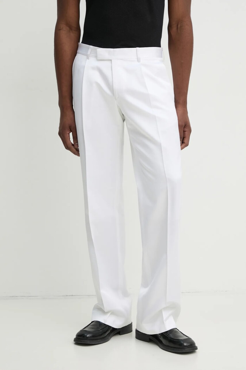 Karl Lagerfeld pantaloni din amestec de mătase KL STUDIO barbati, culoarea alb, drept, 552052.255420