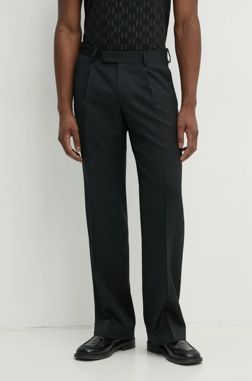 Karl Lagerfeld pantaloni de lână bărbați, culoarea negru, drept, 552055.255420