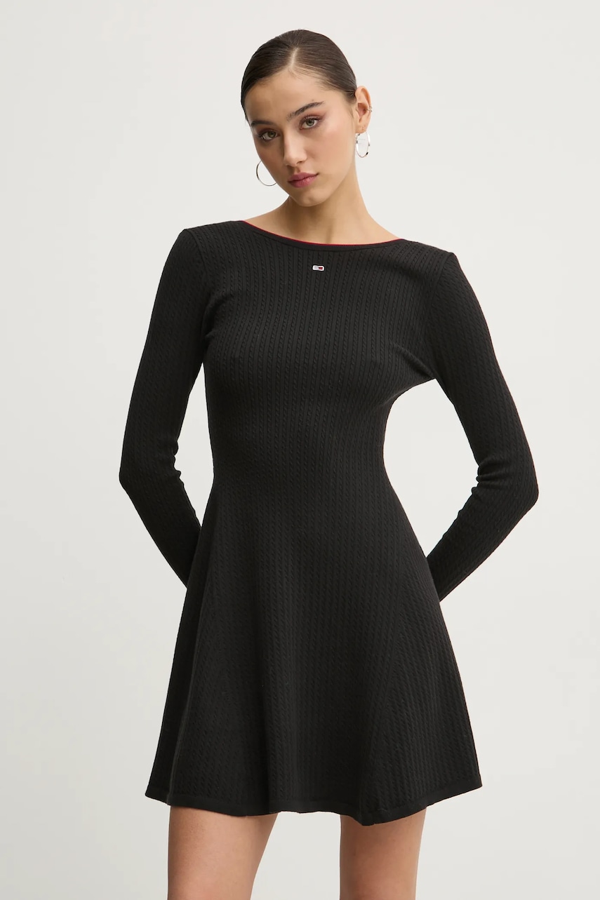 Tommy Jeans rochie culoarea negru, mini, evazată, DW0DW19469