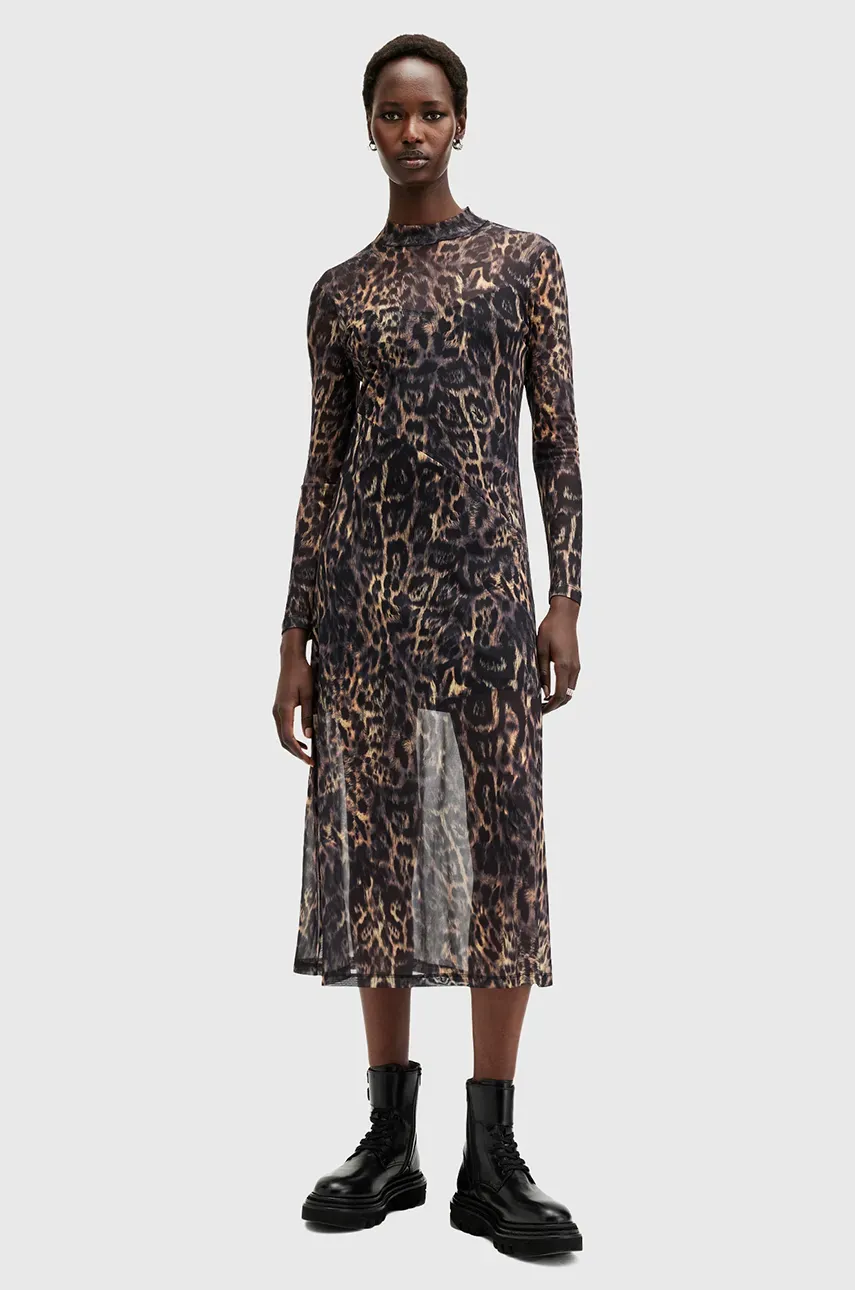 AllSaints rochie HANNA culoarea maro, midi, evazată, W220DB
