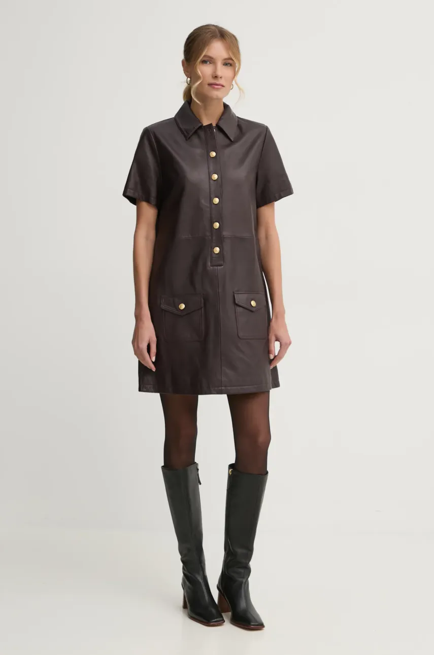 Kožené šaty Tommy Hilfiger vínová barva, mini, WW0WW43783