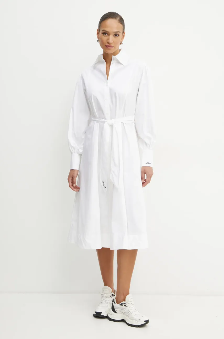 Karl Lagerfeld rochie din bumbac culoarea alb, midi, dreaptă, A1W13018