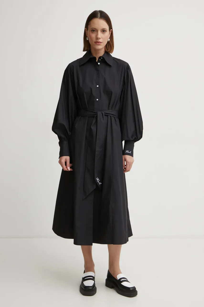 Karl Lagerfeld rochie din bumbac culoarea negru, midi, dreaptă, A1W13018