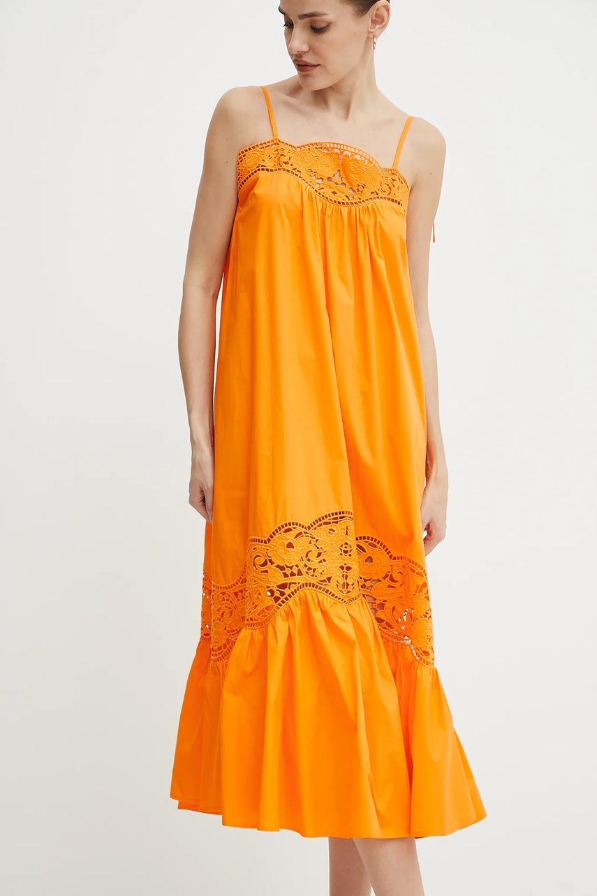 Хлопковое платье Twinset цвет оранжевый midi расклешённое 251TT2331