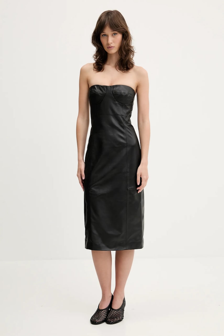 IRO rochie de piele culoarea negru, midi, mulată, WM33BETTI