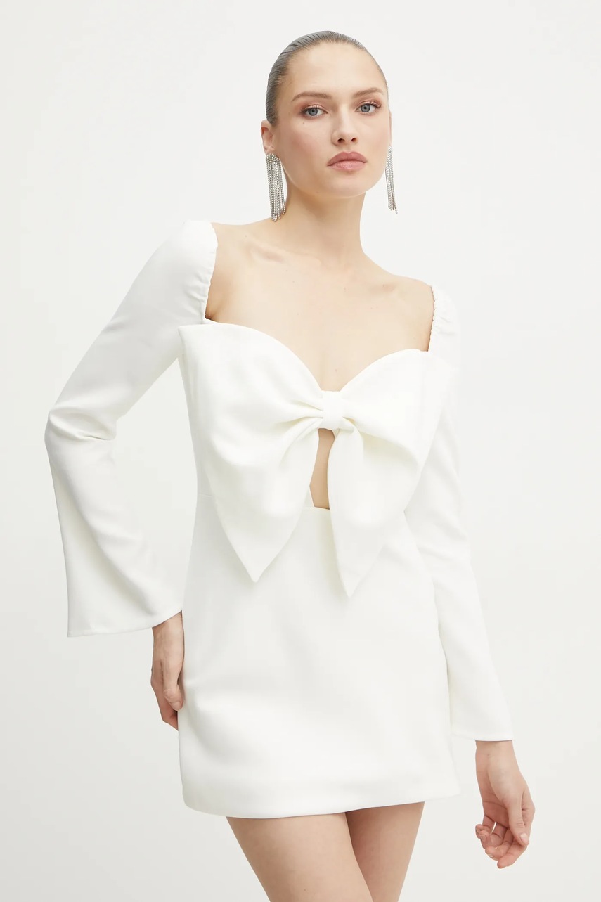 Bardot rochie culoarea bej, mini, evazată, 59697DB