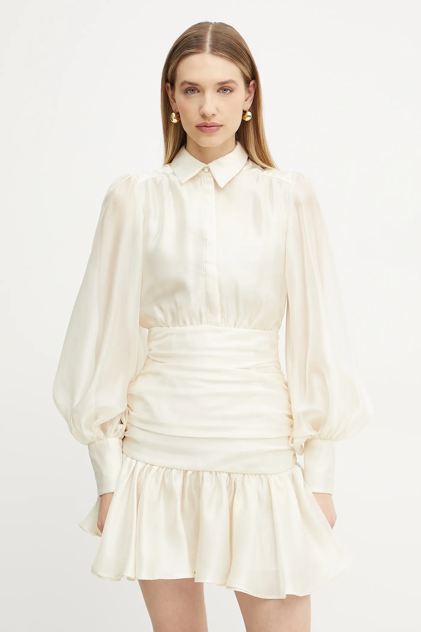 Bardot rochie culoarea bej, mini, evazată, 59720DB