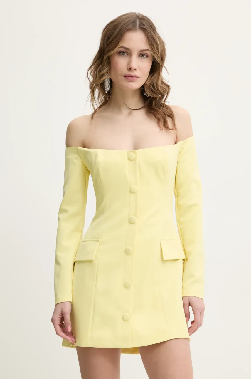 Bardot rochie culoarea galben, mini, evazată, 59761DB