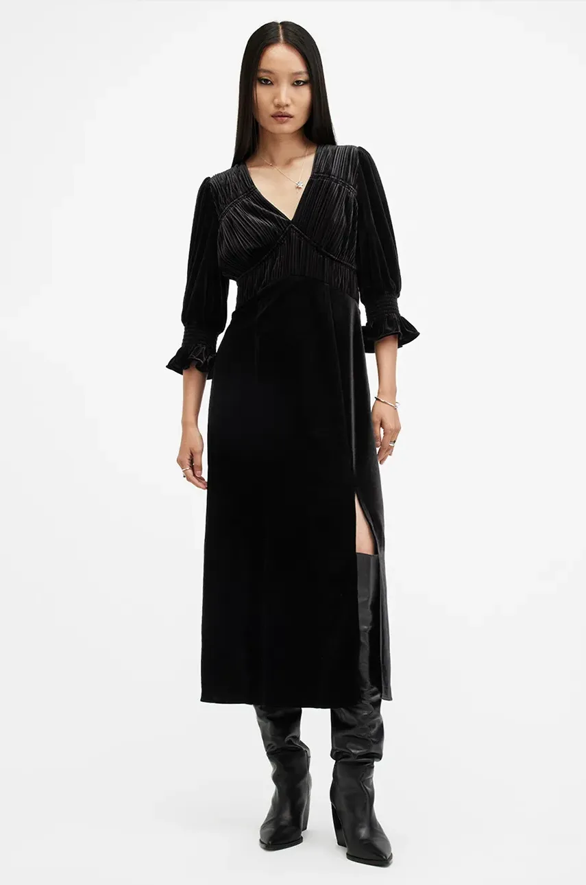 AllSaints rochie ANI VELVET culoarea negru, midi, dreaptă, W143DB