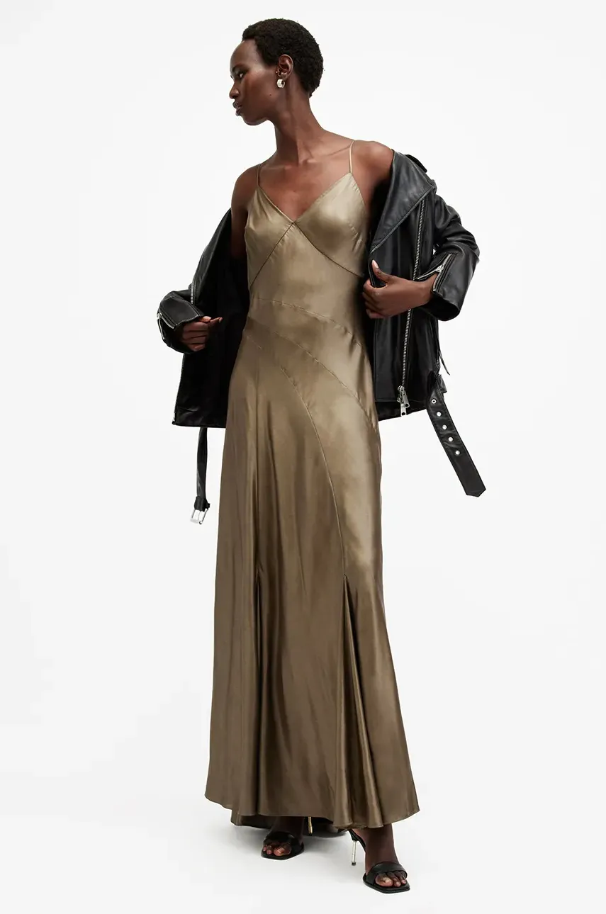 AllSaints rochie LILI culoarea auriu, maxi, evazată, W291DB