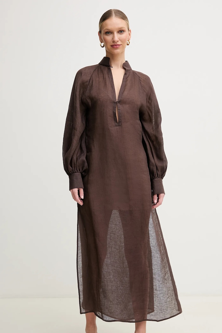 Luisa Spagnoli rochie din in culoarea maro, maxi, oversize, 542150 Luisa Spagnoli rochie din in culoarea maro, maxi, oversize, 542150