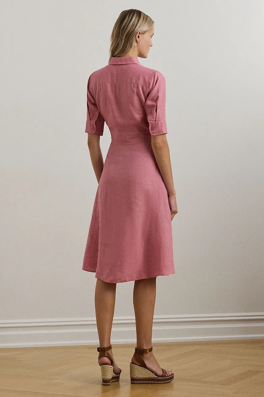 Льняное платье Lauren Ralph Lauren цвет розовый midi расклешённое 200905667 Льняное платье Lauren Ralph Lauren цвет розовый midi расклешённое 200905667