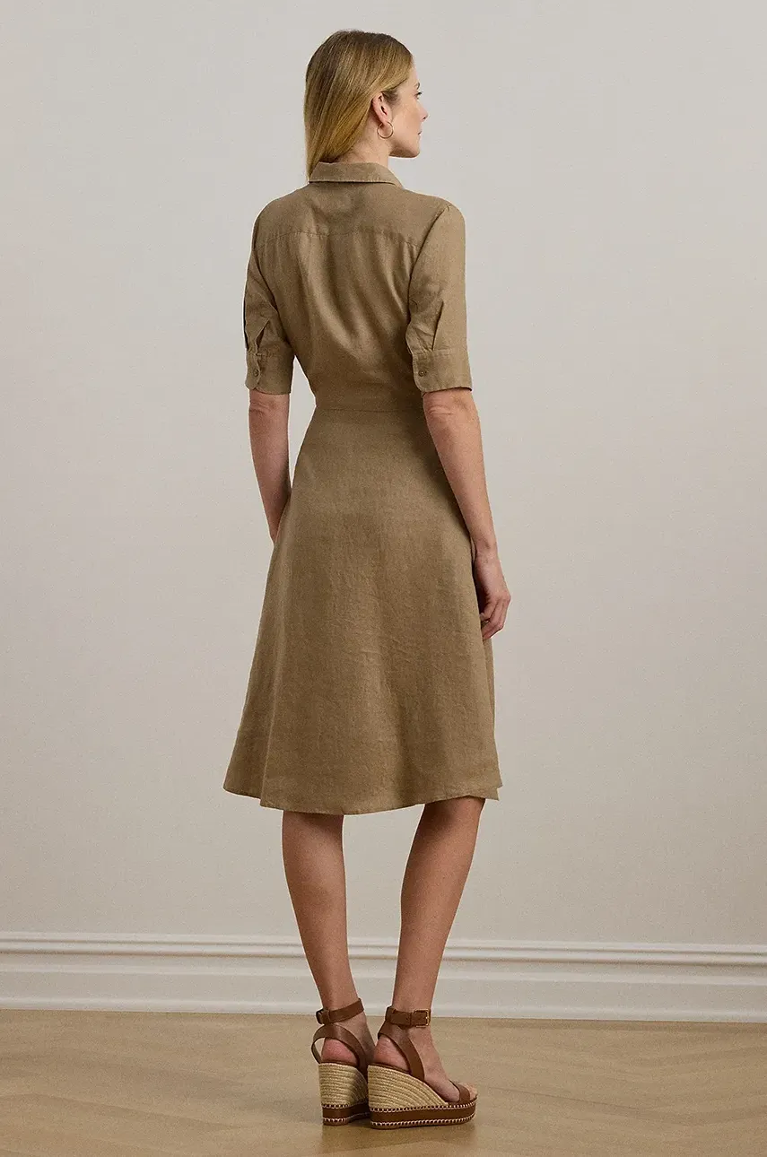Льняное платье Lauren Ralph Lauren цвет коричневый midi расклешённое 200905667 Льняное платье Lauren Ralph Lauren цвет коричневый midi расклешённое 200905667