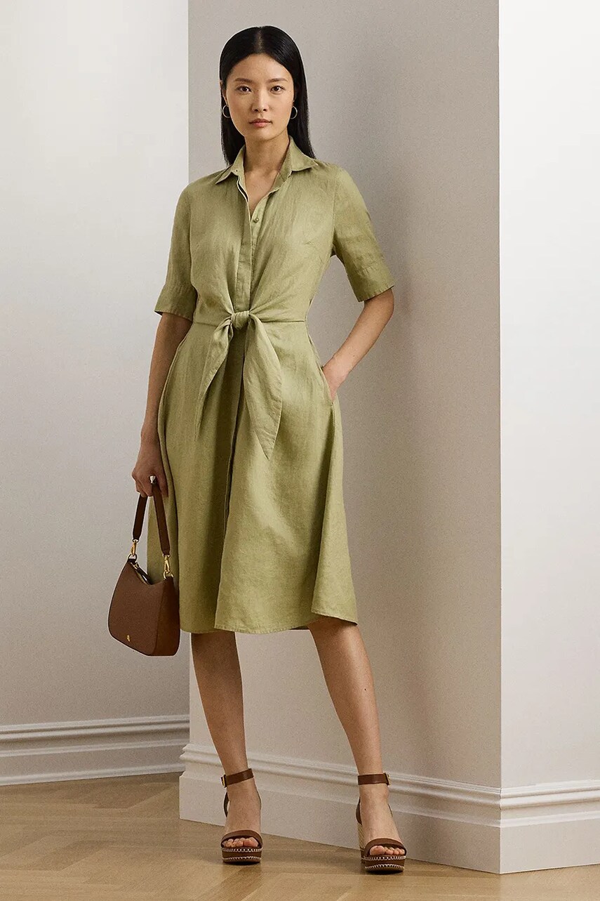 Levně Lněné šaty Lauren Ralph Lauren zelená barva, midi, 200905667