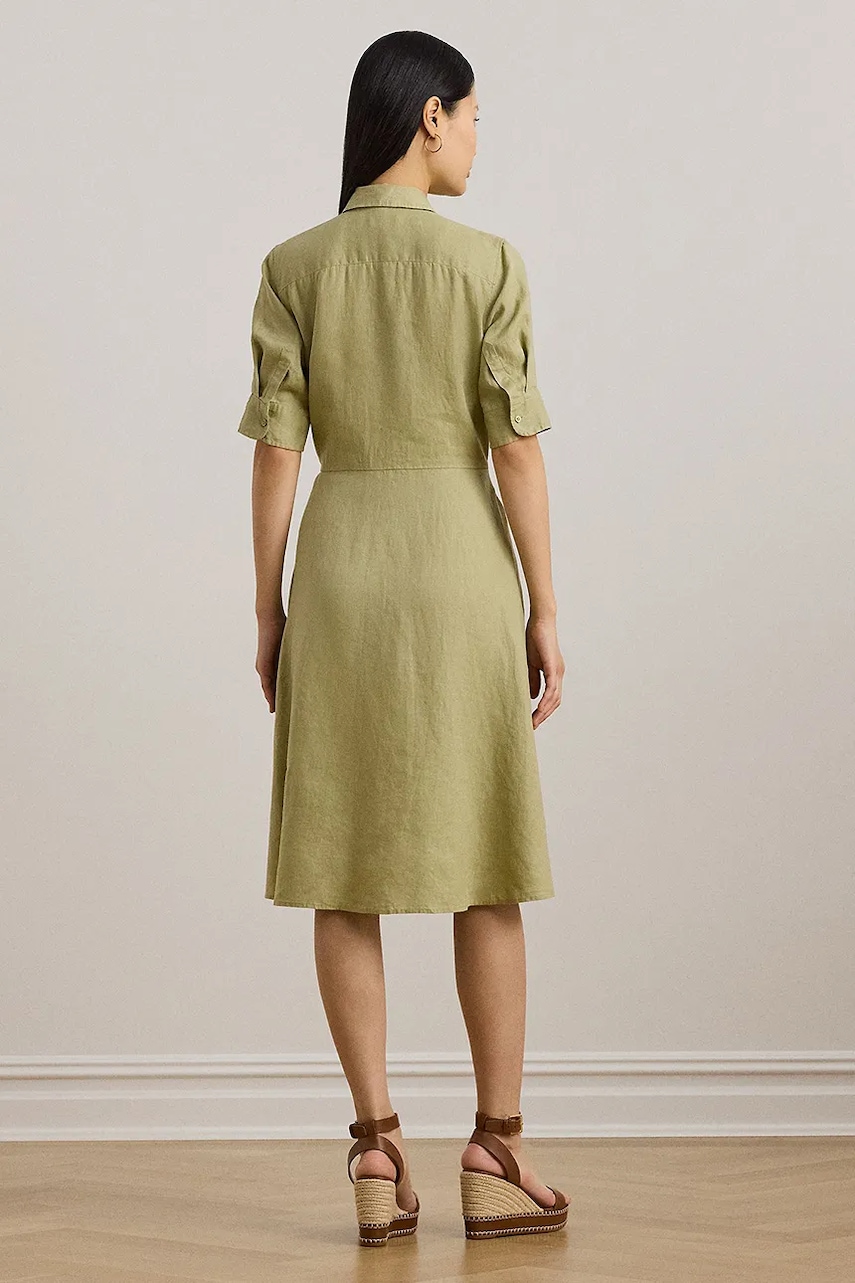 Льняное платье Lauren Ralph Lauren цвет зелёный midi расклешённое 200905667 Льняное платье Lauren Ralph Lauren цвет зелёный midi расклешённое 200905667