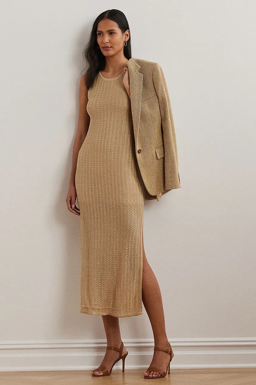 Levně Lněné šaty Lauren Ralph Lauren béžová barva, midi, přiléhavé, 200963647