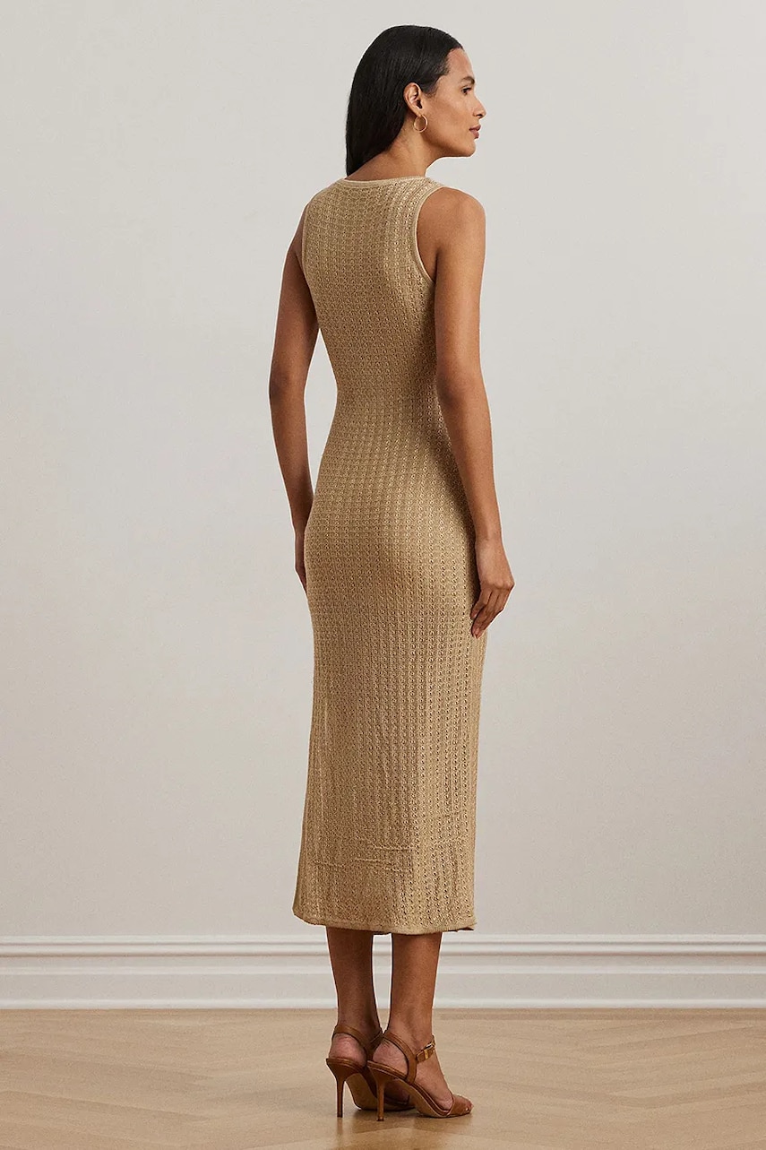 Льняное платье Lauren Ralph Lauren цвет бежевый midi облегающее 200963647 Льняное платье Lauren Ralph Lauren цвет бежевый midi облегающее 200963647