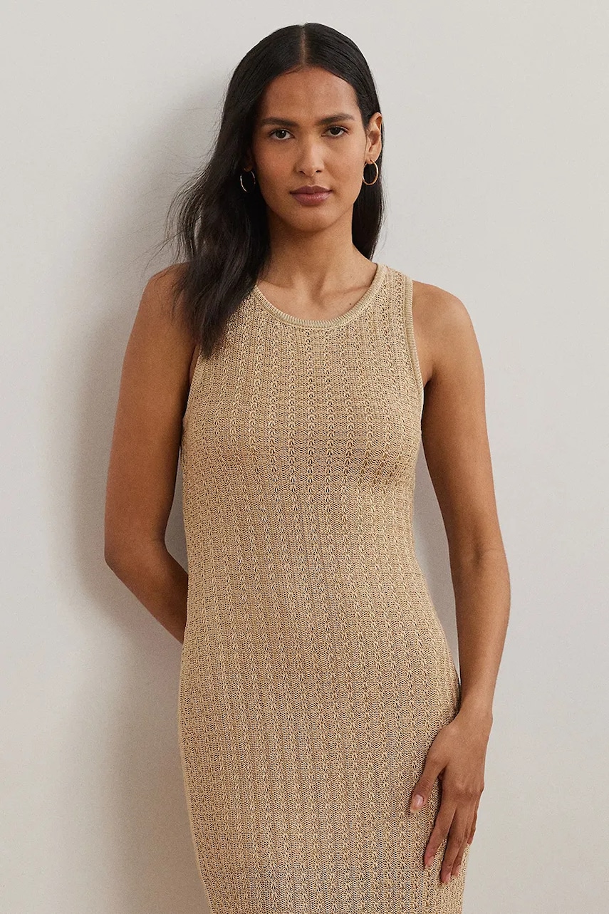 Льняна сукня Lauren Ralph Lauren колір бежевий midi облягаюче 200963647