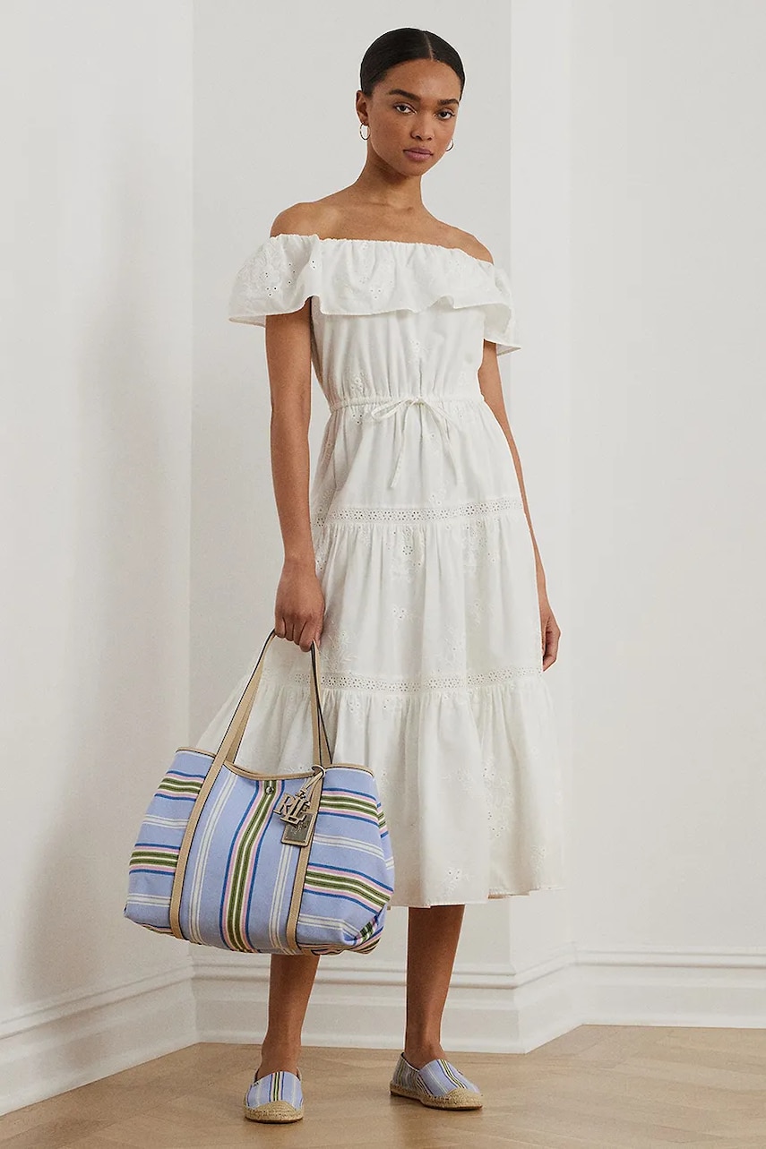 Levně Bavlněné šaty Lauren Ralph Lauren bílá barva, midi, 200966195