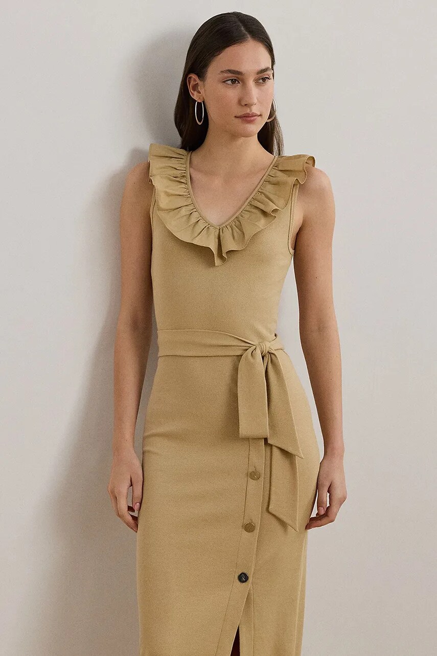 Сукня Lauren Ralph Lauren колір бежевий midi облягаюча 250964085