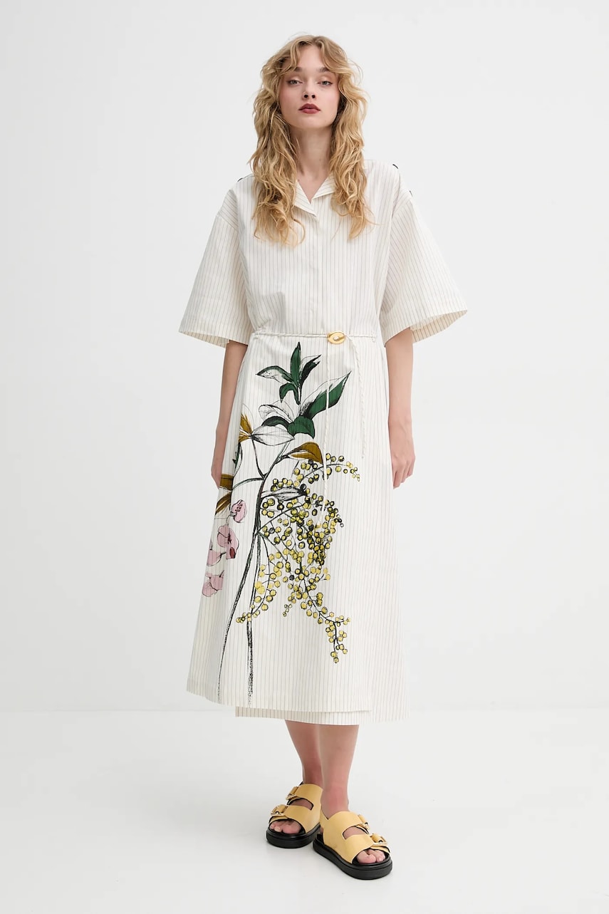 Stine Goya rochie din bumbac culoarea bej, midi, evazati, SG-SS25-D091-2339 Stine Goya rochie din bumbac culoarea bej, midi, evazati, SG-SS25-D091-2339