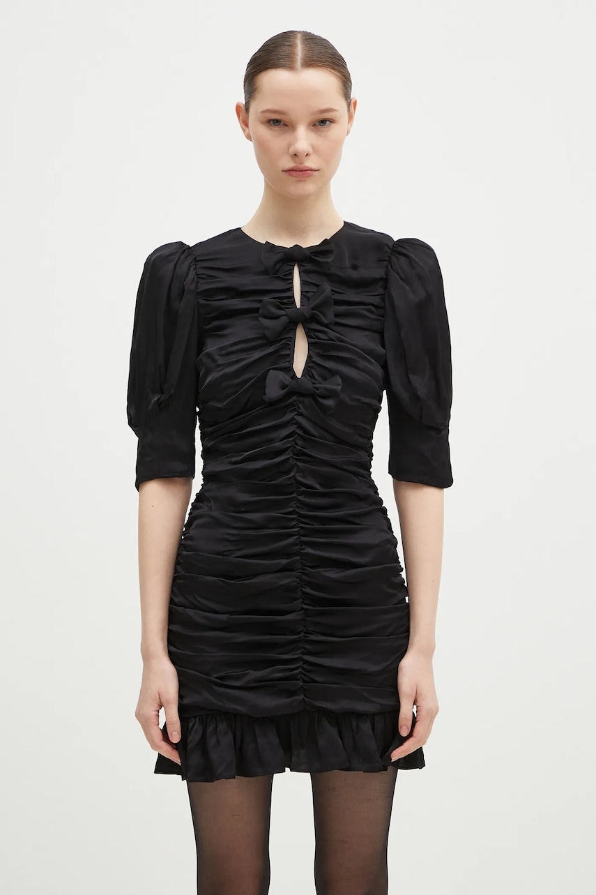 Rotate rochie Satin Mini Ruffle culoarea negru, mini, mulată, 114054100
