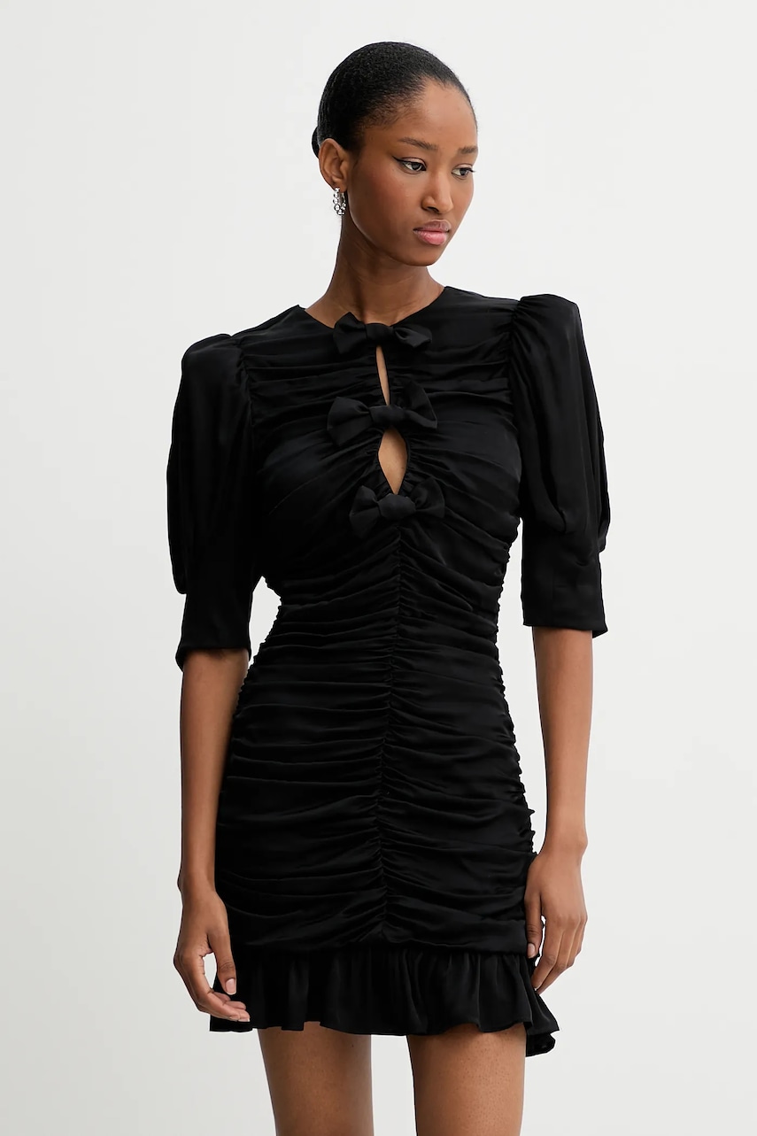 Rotate rochie Satin Mini Ruffle culoarea negru, mini, mulată, 114054100
