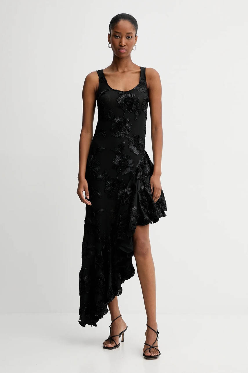 Rotate rochie Flower Mesh Ruffle culoarea negru, midi, evazată, 114056100