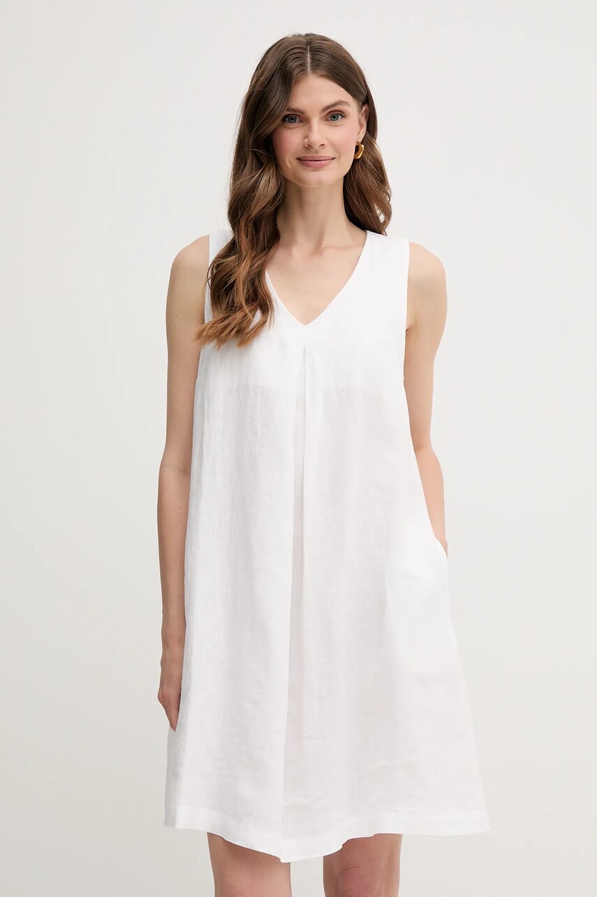 United Colors of Benetton rochie din in culoarea alb, mini, evazată, 4AGHDV0AX