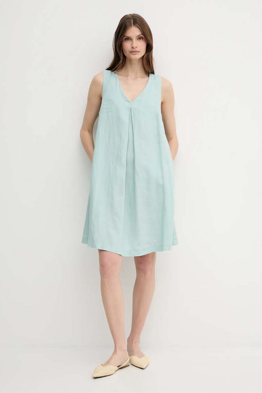 Льняное платье United Colors of Benetton цвет бирюзовый mini расклешённое 4AGHDV0AX