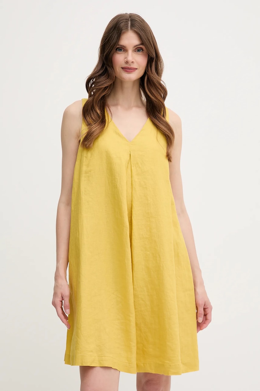 United Colors of Benetton rochie din in culoarea galben, mini, evazată, 4AGHDV0AX