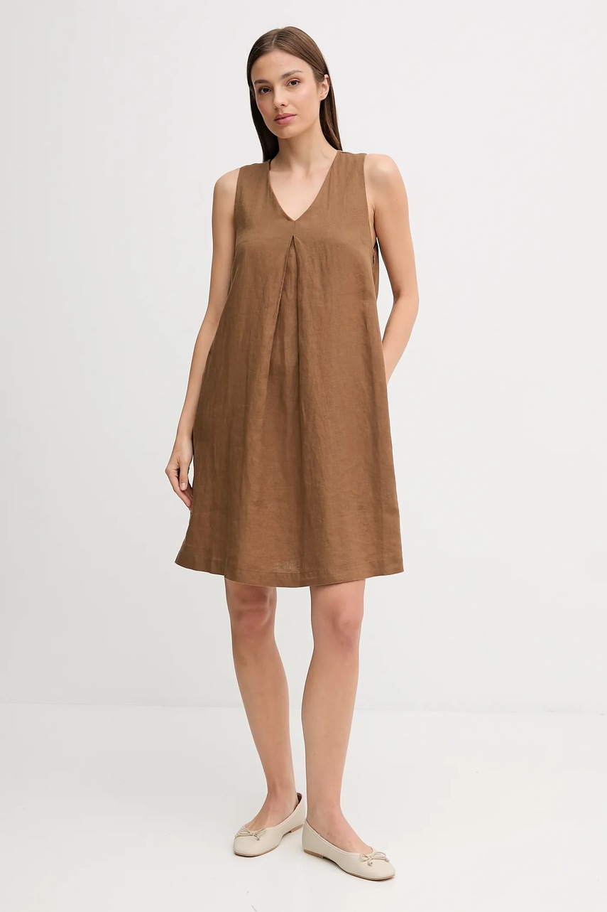 Льняное платье United Colors of Benetton цвет коричневый mini расклешённое 4AGHDV0AX