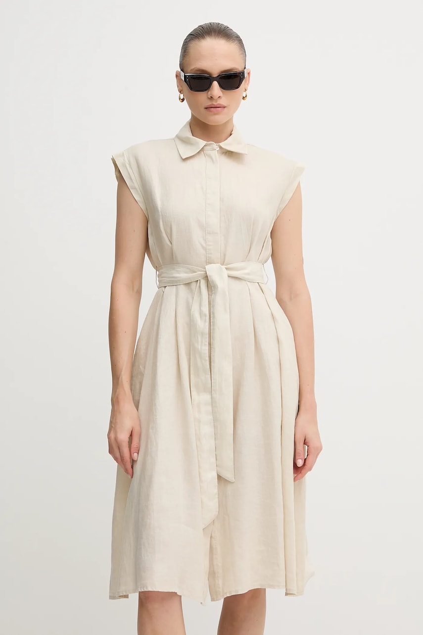 United Colors of Benetton rochie din in culoarea bej, mini, evazată, 4AGHDV0B1