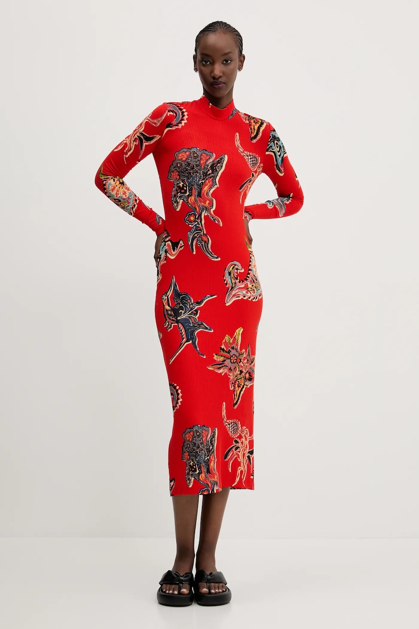 Desigual rochie MELTED PAISLEYS_LACROI culoarea rosu, midi, dreaptă, 25SWVK31