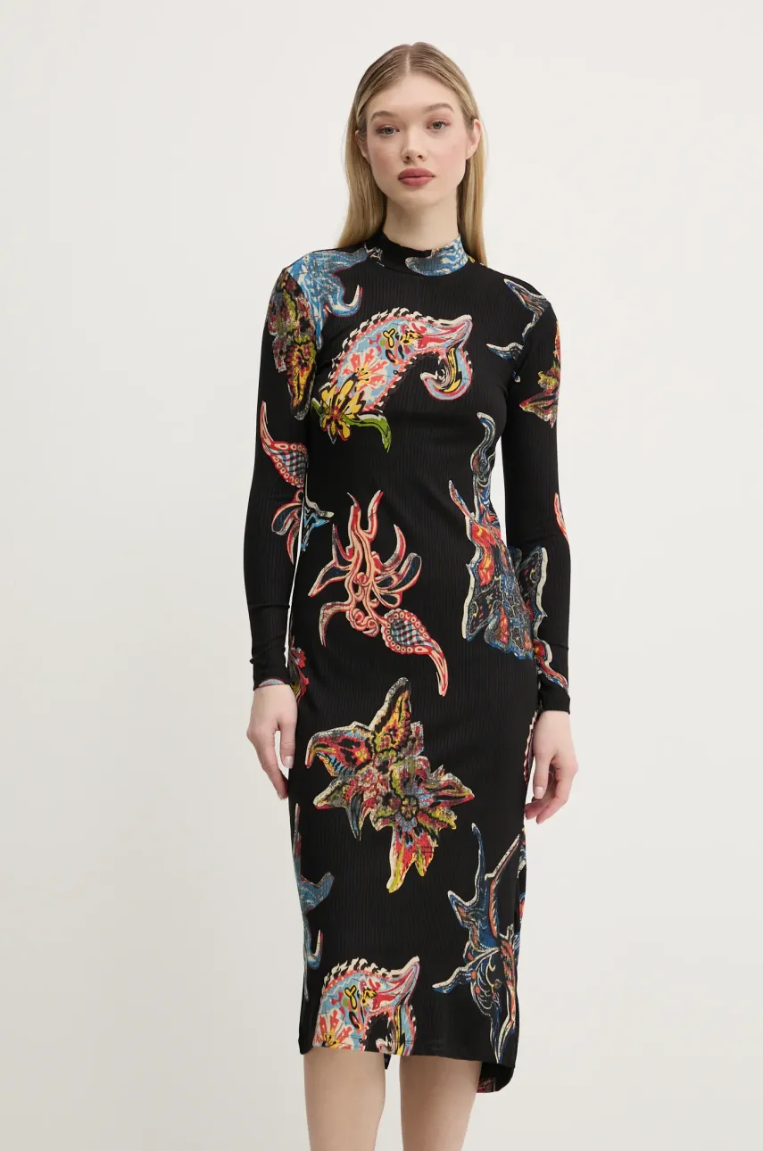 Desigual rochie MELTED PAISLEYS_LACROI culoarea negru, midi, dreaptă, 25SWVK31