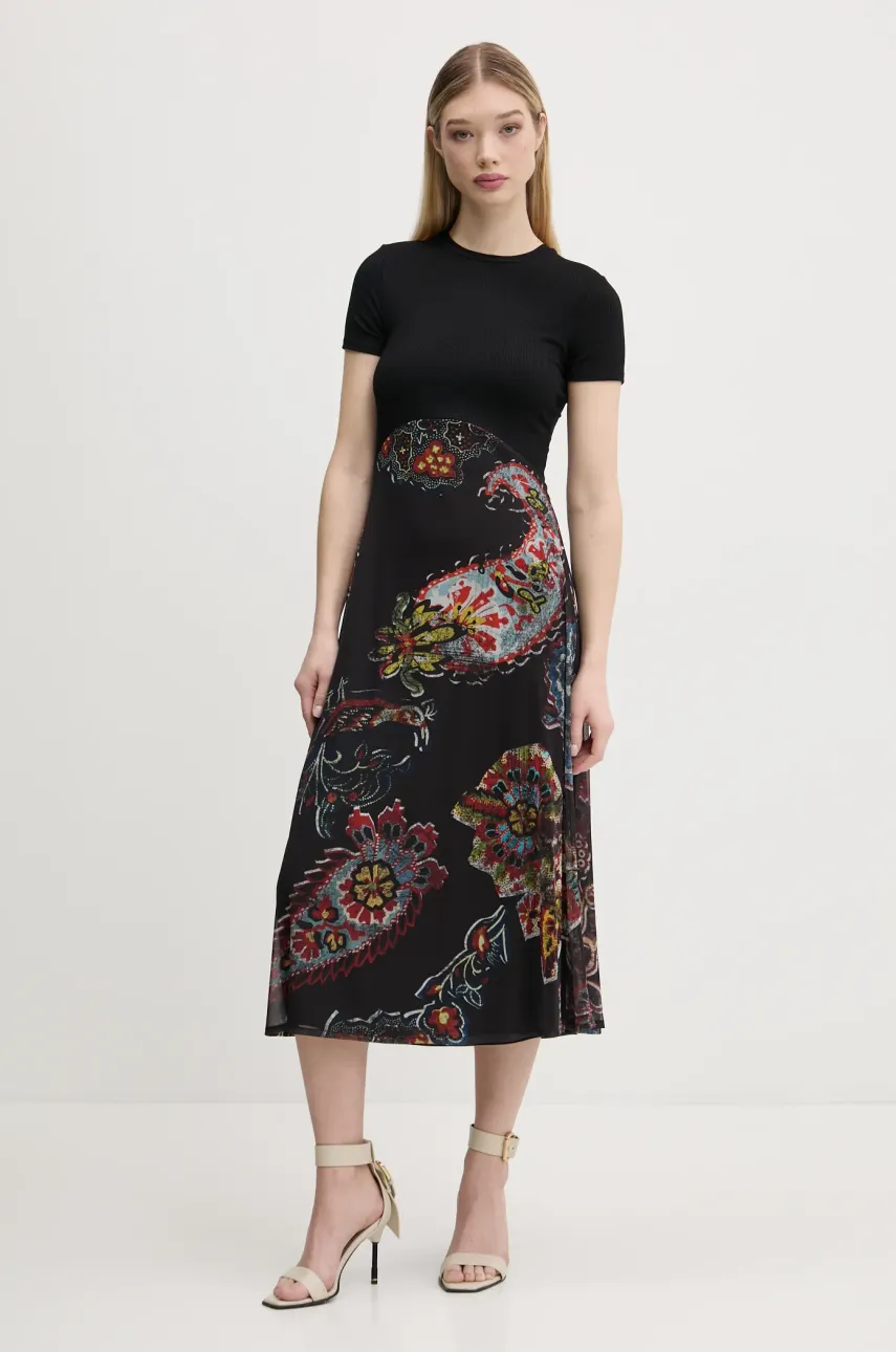 Desigual rochie PAISLEY MESH_LACROIX culoarea negru, midi, evazată, 25SWVK32